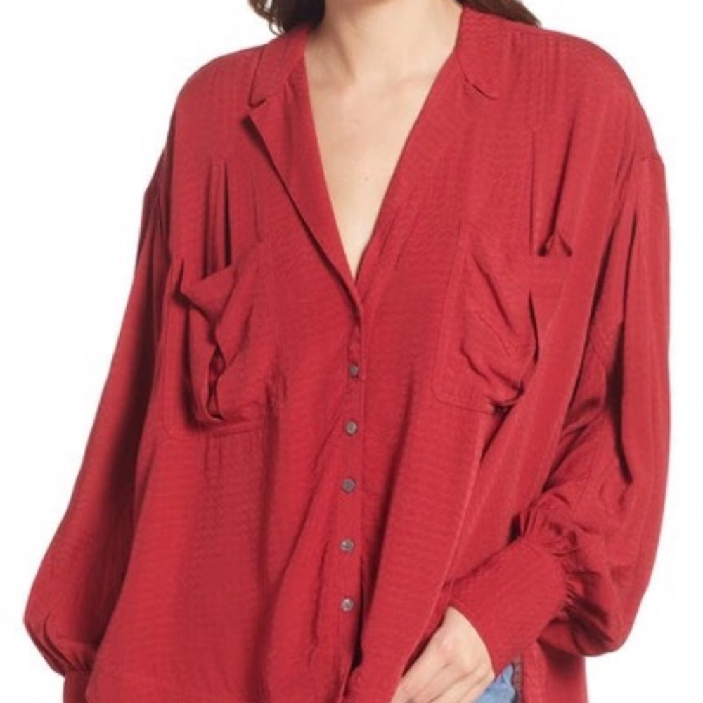 Women's Red Button-Front Oversized Blouse